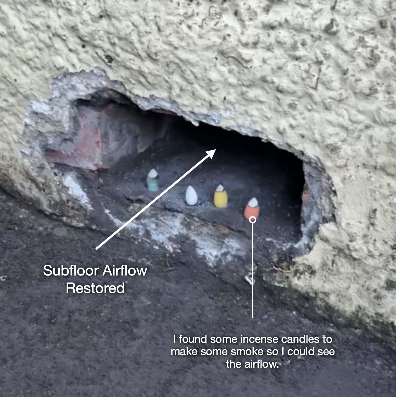 Restoring the airbricks and airflow under the house using incense smoke candles
